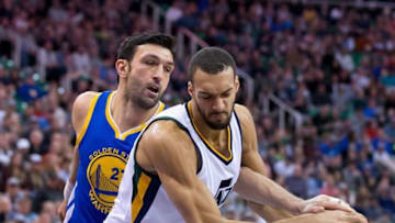 Dec 8, 2016; Salt Lake City, UT, USA; Golden State Warriors center Zaza Pachulia (27) defends against Utah Jazz center Rudy Gobert (27) during the second half at Vivint Smart Home Arena. Golden State won 106-99. Mandatory Credit: Russ Isabella-USA TODAY Sports