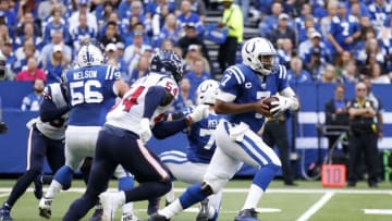 INDIANAPOLIS, INDIANA - OCTOBER 20: Jacoby Brissett #7 of the Indianapolis Colts runs the ball in the game against the Houston Texans during the first quarter at Lucas Oil Stadium on October 20, 2019 in Indianapolis, Indiana. (Photo by Justin Casterline/Getty Images)