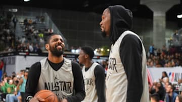 LOS ANGELES, CA - FEBRUARY 17: Kyrie Irving #11 and Kevin Durant #25 of Team LaBron laugh during practice for the 2018 NBA All-Star game at the Verizon Up Arena at LACC on February 17, 2018 in Los Angeles, California. NOTE TO USER: User expressly acknowledges and agrees that, by downloading and or using this photograph, User is consenting to the terms and conditions of the Getty Images License Agreement. (Photo by Jayne Kamin-Oncea/Getty Images)