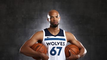 MINNEAPOLIS, MN - SEPTEMBER 22: Taj Gibson #67 of the Minnesota Timberwolves pose for portraits during 2017 Media Day on September 22, 2017 at the Minnesota Timberwolves and Lynx Courts at Mayo Clinic Square in Minneapolis, Minnesota. NOTE TO USER: User expressly acknowledges and agrees that, by downloading and or using this Photograph, user is consenting to the terms and conditions of the Getty Images License Agreement. Mandatory Copyright Notice: Copyright 2017 NBAE (Photo by David Sherman/NBAE via Getty Images)