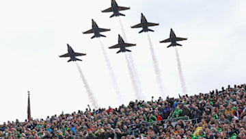 SOUTH BEND, IN - NOVEMBER 02: The U.S. Navy Blue Angels perform a stadium flyover before the Notre Dame Fighting Irish take on the Navy Midshipmen at Notre Dame Stadium on November 2, 2013 in South Bend, Indiana. (Photo by Jonathan Daniel/Getty Images)
