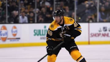 Dec 7, 2015; Boston, MA, USA; Boston Bruins center David Krejci (46) skates with the puck during the second period against the Nashville Predators at TD Garden. Mandatory Credit: Bob DeChiara-USA TODAY Sports