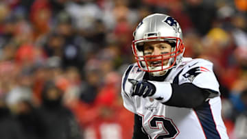 KANSAS CITY, MISSOURI - JANUARY 20: Tom Brady #12 of the New England Patriots reacts at the line of scrimmage in the first quarter against the Kansas City Chiefs during the AFC Championship Game at Arrowhead Stadium on January 20, 2019 in Kansas City, Missouri. (Photo by Peter Aiken/Getty Images)