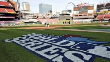 Oct 28, 2013; St. Louis, MO, USA; General view of the World Series logo on the field during batting practice prior to game five of the MLB baseball World Series between the Boston Red Sox and the St. Louis Cardinals at Busch Stadium. Mandatory Credit: Rob Grabowski-USA TODAY Sports