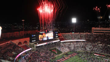 Nov 26, 2022; Lubbock, Texas, USA; The Texas Tech Red Raiders celebrate with fireworks after an overtime victory over the Oklahoma Sooners at Jones AT&T Stadium and Cody Campbell Field. Mandatory Credit: Michael C. Johnson-USA TODAY Sports
