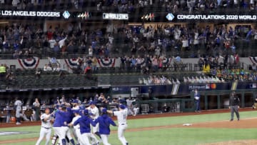 ARLINGTON, TEXAS - OCTOBER 27: The Los Angeles Dodgers celebrate after defeating the Tampa Bay Rays to win the 2020 MLB World Series on October 27, 2020. (Photo by Tom Pennington/Getty Images)