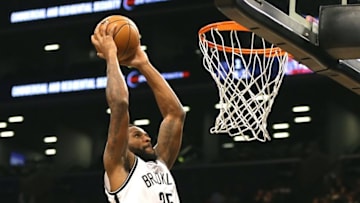 Oct 6, 2016; Brooklyn, NY, USA; Brooklyn Nets forward trevor Booker (35) goes up for a dunk against Detroit Pistons during the second half at Barclays Center. The Nets won 101-94. Mandatory Credit: Andy Marlin-USA TODAY Sports