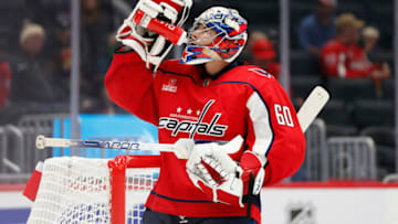 Sep 25, 2022; Washington, District of Columbia, USA; Washington Capitals goaltender Zach Fucale (60) takes a drink during the second period against Buffalo Sabres at Capital One Arena. Mandatory Credit: Amber Searls-USA TODAY Sports