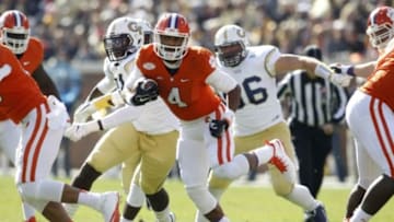 Nov 15, 2014; Atlanta, GA, USA; Clemson Tigers quarterback Deshaun Watson (4) runs with the ball against the Georgia Tech Yellow Jackets in the first quarter at Bobby Dodd Stadium. Mandatory Credit: Brett Davis-USA TODAY Sports