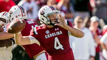Oct 22, 2016; Columbia, SC, USA; South Carolina Gamecocks quarterback Jake Bentley (4) passes against the Massachusetts Minutemen in the second half at Williams-Brice Stadium. Mandatory Credit: Jeff Blake-USA TODAY Sports