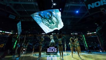 Apr 13, 2016; Milwaukee, WI, USA; Milwaukee Bucks mascot Bango waves the Bucks flag prior to the game against the Indiana Pacers at BMO Harris Bradley Center. Mandatory Credit: Jeff Hanisch-USA TODAY Sports