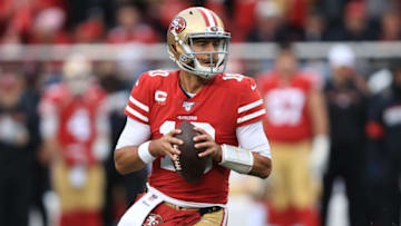 SANTA CLARA, CALIFORNIA - JANUARY 19: Jimmy Garoppolo #10 of the San Francisco 49ers looks to pass against the Green Bay Packers during the NFC Championship game at Levi's Stadium on January 19, 2020 in Santa Clara, California. (Photo by Sean M. Haffey/Getty Images)