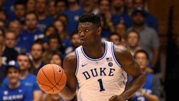 DURHAM, NORTH CAROLINA - FEBRUARY 05: Zion Williamson #1 of the Duke Blue Devils moves the ball against the Boston College Eagles during their game at Cameron Indoor Stadium on February 05, 2019 in Durham, North Carolina. Duke won 80-55. (Photo by Grant Halverson/Getty Images)