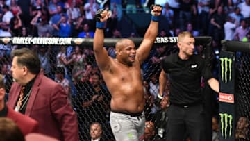 LAS VEGAS, NV - JULY 07: Daniel Cormier celebrates his victory over Stipe Miocic in their UFC heavyweight championship fight during the UFC 226 event inside T-Mobile Arena on July 7, 2018 in Las Vegas, Nevada. (Photo by Josh Hedges/Zuffa LLC/Zuffa LLC via Getty Images)