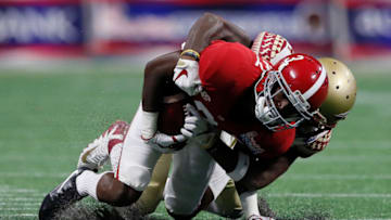 ATLANTA, GA - SEPTEMBER 02: Calvin Ridley #3 of the Alabama Crimson Tide is tackled after a catch against the Florida State Seminoles in their game at Mercedes-Benz Stadium on September 2, 2017 in Atlanta, Georgia. (Photo by Kevin C. Cox/Getty Images)