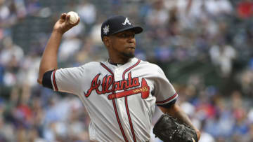CHICAGO, IL - MAY 14: Julio Teheran #49 of the Atlanta Braves pitches against the Chicago Cubs during the first inning while wearing the #42 to commemorate Jackie Robinson Day on May 14, 2018 at Wrigley Field in Chicago, Illinois. (Photo by David Banks/Getty Images)