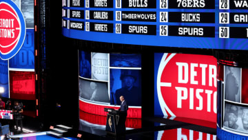 NEW YORK, NEW YORK - JUNE 23: NBA commissioner Adam Silver announces a pick by the Detroit Pistons during the 2022 NBA Draft at Barclays Center on June 23, 2022 in New York City. NOTE TO USER: User expressly acknowledges and agrees that, by downloading and or using this photograph, User is consenting to the terms and conditions of the Getty Images License Agreement. (Photo by Arturo Holmes/Getty Images)