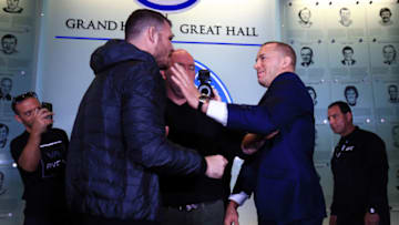 TORONTO, ON - OCTOBER 13: Michael Bisping and Georges St-Pierre face off following the UFC 217 press conference with Dana White at the Hockey Hall of Fame on October 13, 2017 in Toronto, Canada. (Photo by Vaughn Ridley/Zuffa LLC/Zuffa LLC via Getty Images)