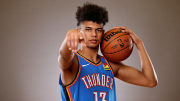 Ousmane Dieng #13 of the Oklahoma City Thunder poses during the 2022 NBA Rookie Portraits at UNLV on July 14, 2022 in Las Vegas, Nevada. (Photo by Gregory Shamus/Getty Images)