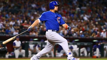 Apr 7, 2016; Phoenix, AZ, USA; Chicago Cubs outfielder Kyle Schwarber bats in the second inning against the Arizona Diamondbacks at Chase Field. Mandatory Credit: Mark J. Rebilas-USA TODAY Sports