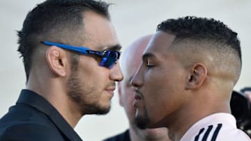 LAS VEGAS, NV - AUGUST 24: (L-R) Opponents Tony Ferguson and Kevin Lee face off during the UFC 215