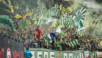 Jul 17, 2016; Portland, OR, USA; Portland Timbers fans celebrate after midfielder Diego Valeri (8) scored a goal during the first half in a game against the Seattle Sounders at Providence Park. Mandatory Credit: Troy Wayrynen-USA TODAY Sports