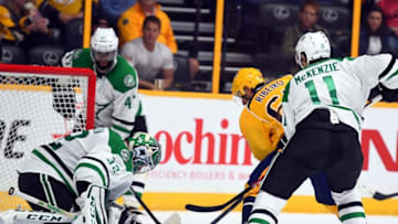 Oct 18, 2016; Nashville, TN, USA; Dallas Stars goalie Kari Lehtonen (32) makes a save on a shot by Nashville Predators center Mike Ribeiro (63) during the third period at Bridgestone Arena. The Stars won 2-1. Mandatory Credit: Christopher Hanewinckel-USA TODAY Sports
