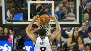 Apr 2, 2014; Sacramento, CA, USA; Sacramento Kings forward Rudy Gay (8) dunks the ball against the Los Angeles Lakers during the second quarter at Sleep Train Arena. Mandatory Credit: Kelley L Cox-USA TODAY Sports
