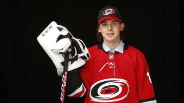 VANCOUVER, BRITISH COLUMBIA - JUNE 22: Pyotr Kochetkov poses after being selected 36th overall by the Carolina Hurricanes during the 2019 NHL Draft at Rogers Arena on June 22, 2019 in Vancouver, Canada. (Photo by Kevin Light/Getty Images)