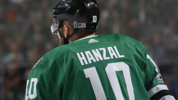 DALLAS, TX - NOVEMBER 10: Martin Hanzal #10 of the Dallas Stars wears an American flag decal on the back of his helmet in support of Veterans Day against the New York Islanders at the American Airlines Center on November 10, 2017 in Dallas, Texas. (Photo by Glenn James/NHLI via Getty Images)
