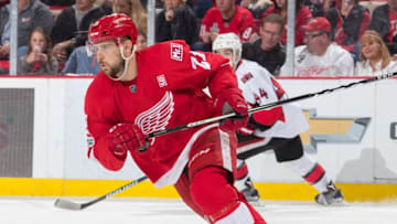 DETROIT, MI - APRIL 03: Tomas Tatar #21 of the Detroit Red Wings turns up ice against the Ottawa Senators during an NHL game at Joe Louis Arena on April 3, 2017 in Detroit, Michigan. The Wings defeated the Senators 5-4 in a shoot-out. (Photo by Dave Reginek/NHLI via Getty Images)