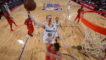 LAS VEGAS, NV - JULY 11: Thomas Welsh #45 of the Denver Nuggets shoots the ball against the Toronto Raptors during the 2018 Las Vegas Summer League on July 11, 2018 at the Cox Pavilion in Las Vegas, Nevada. NOTE TO USER: User expressly acknowledges and agrees that, by downloading and/or using this photograph, user is consenting to the terms and conditions of the Getty Images License Agreement. Mandatory Copyright Notice: Copyright 2018 NBAE (Photo by David Dow/NBAE via Getty Images)