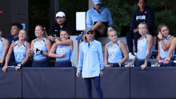 CHAPEL HILL, NC - SEPTEMBER 23: Head coach Karen Shelton of the University of North Carolina stands in front of the bench during a game between Wake Forest and North Carolina at Karen Shelton Stadium on September 23, 2022 in Chapel Hill, North Carolina. (Photo by Andy Mead/ISI Photos/Getty Images)