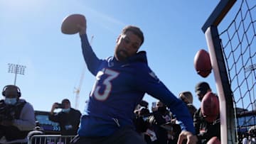 Feb 3, 2022; Las Vegas, NV, USA; Tampa Bay Buccaneers receiver Mike Evans (13) spikes the ball during NFC practice for the Pro Bowl at Las Vegas Ballpark. Mandatory Credit: Kirby Lee-USA TODAY Sports