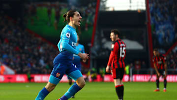 BOURNEMOUTH, ENGLAND - JANUARY 14: Hector Bellerin of Arsenal celebrates scoring his sides first goal during the Premier League match between AFC Bournemouth and Arsenal at Vitality Stadium on January 14, 2018 in Bournemouth, England. (Photo by Clive Rose/Getty Images)