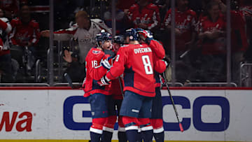 Alex Ovechkin, Rasmus Sandin, Washington Capitals (Photo by Scott Taetsch/Getty Images)