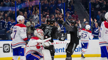 TAMPA, FL - DECEMBER 28: Anthony Cirelli #71 of the Tampa Bay Lightning celebrates his goal with teammates Alex Killorn #17 and Steven Stamkos #91 against the Montreal Canadiens during the third period at Amalie Arena on December 28, 2019 in Tampa, Florida (Photo by Mark LoMoglio/NHLI via Getty Images)