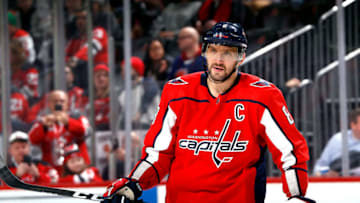 NEWARK, NJ - DECEMBER 20: Alex Ovechkin #8 of the Washington Capitals waits during an NHL hockey game against the New Jersey Devils on November 20, 2019 at the Prudential Center in Newark, New Jersey. Capitals won 6-3. Devils wore their 1980's heritage uniforms. (Photo by Paul Bereswill/Getty Images)