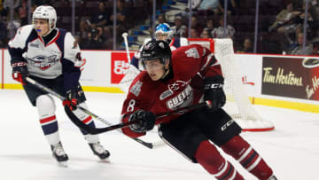 WINDSOR, ON - SEPTEMBER 24: Forward Cam Hillis #8 of the Guelph Storm skates against the Windsor Spitfires on September 24, 2017 at the WFCU Centre in Windsor, Ontario, Canada. (Photo by Dennis Pajot/Getty Images)
