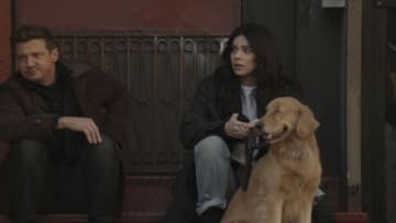 Jeremy Renner as Clint Barton/Hawkeye and Hailee Steinfeld as Kate Bishop in Marvel Studios' HAWKEYE. Photo courtesy of Marvel Studios. ©Marvel Studios 2021. All Rights Reserved.