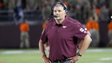 Sep 3, 2021; Blacksburg, Virginia, USA; Virginia Tech Hokies head coach Justin Fuente watches a replay during the second half against the North Carolina Tar Heels at Lane Stadium. Mandatory Credit: Reinhold Matay-USA TODAY Sports