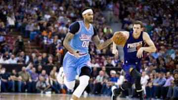 Mar 25, 2016; Sacramento, CA, USA; Sacramento Kings center Willie Cauley-Stein (00) on a fast break ahead of Phoenix Suns forward Jon Leuer (30) during the second quarter at Sleep Train Arena. Mandatory Credit: Kelley L Cox-USA TODAY Sports