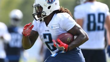 Jul 30, 2016; Nashville, TN, USA; Tennessee Titans running back Derrick Henry (2) runs the ball during training camp at Saint Thomas Sports Park. Mandatory Credit: Christopher Hanewinckel-USA TODAY Sports