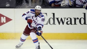 Jun 4, 2014; Los Angeles, CA, USA; New York Rangers center Brad Richards (19) passes against the Los Angeles Kings during the second period of game one of the 2014 Stanley Cup Final at Staples Center. Mandatory Credit: Richard Mackson-USA TODAY Sports