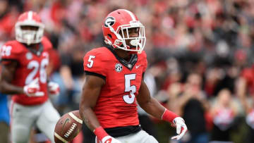 Nov 7, 2015; Athens, GA, USA; Georgia Bulldogs wide receiver Terry Godwin (5) reacts after scoring a touchdown against the Kentucky Wildcats during the first quarter at Sanford Stadium. Mandatory Credit: Dale Zanine-USA TODAY Sports