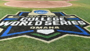 Omaha, NE - JUNE 25: A general view of the College World Series logo at TD Ameritrade Park, prior to game one of the College World Series Championship Series between the Arkansas Razorbacks and the Oregon State Beavers on June 25, 2018 at in Omaha, Nebraska. (Photo by Peter Aiken/Getty Images)