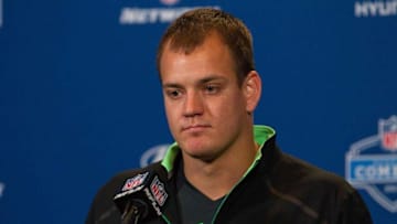 Feb 25, 2016; Indianapolis, IN, USA; Kansas State running back Glenn Gronkowski speaks to the media during the 2016 NFL Scouting Combine at Lucas Oil Stadium. Mandatory Credit: Trevor Ruszkowski-USA TODAY Sports