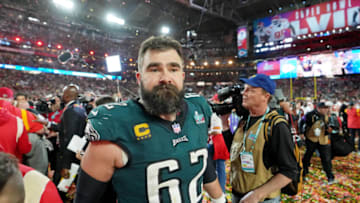 Feb 12, 2023; Glendale, Arizona, US; Philadelphia Eagles center Jason Kelce (62) walks on the field after losing Super Bowl LVII against the Kansas City Chiefs at State Farm Stadium. Mandatory Credit: Kirby Lee-USA TODAY Sports