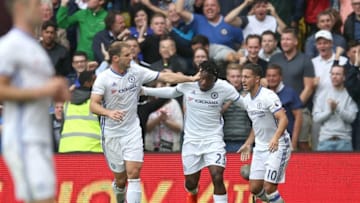 WATFORD, ENGLAND - AUGUST 20: Michy Batshuayi of Chelsea celebrates scoring his sides first goal with his team mates during the Premier League match between Watford and Chelsea at Vicarage Road on August 20, 2016 in Watford, England. (Photo by Steve Bardens/Getty Images)