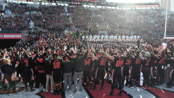 COLUMBUS, OH - NOVEMBER 3: The Ohio State Buckeyes perform their alma mater song after a victory over the Nebraska Cornhuskers at Ohio Stadium on November 3, 2018 in Columbus, Ohio. (Photo by Jamie Sabau/Getty Images) *** Local Caption ***